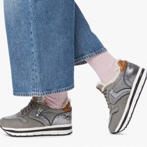 VOILE BLANCHE MAY FUR SNEAKERS IN LEATHER AND FELT GREY-SILVER